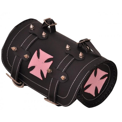 Pink Iron Cross Gothic Motorcycle Biker Leather Tool Rool Bag -