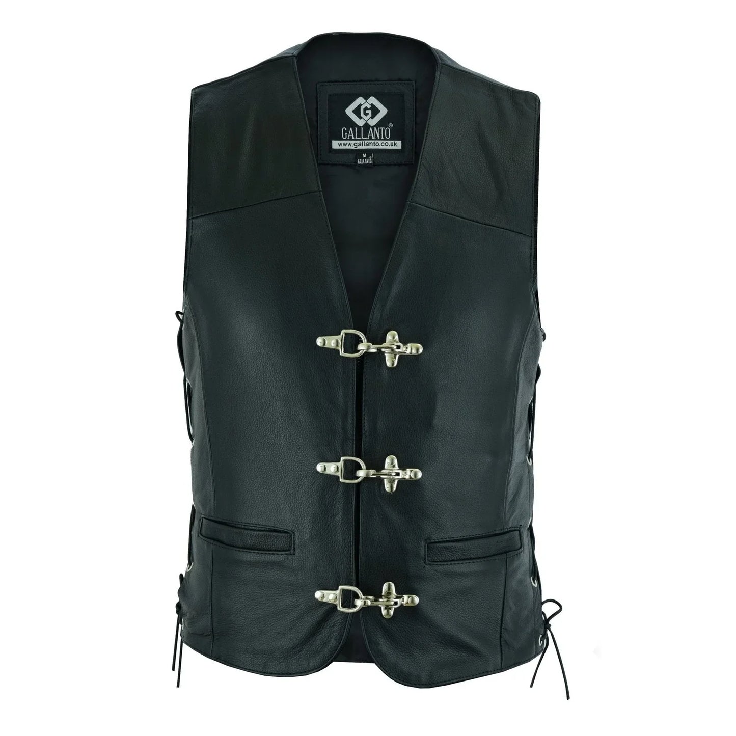 plain mens leather waistcoat motorcycle biker vest black with hooks -