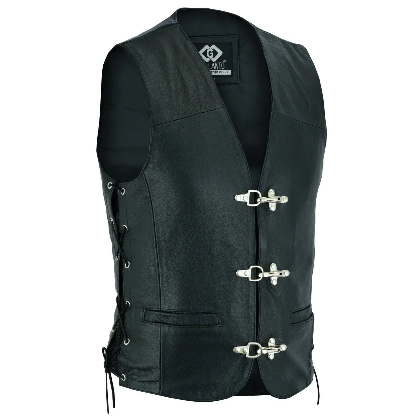 plain mens leather waistcoat motorcycle biker vest black with hooks -