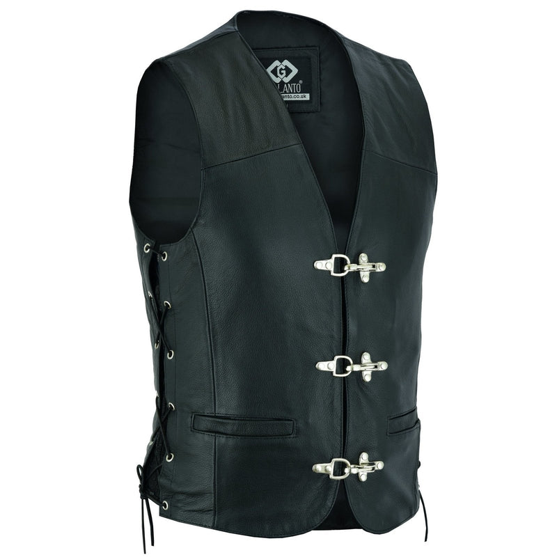 Plain Mens Leather Waistcoat Motorcycle Biker Vest Black with Hooks -