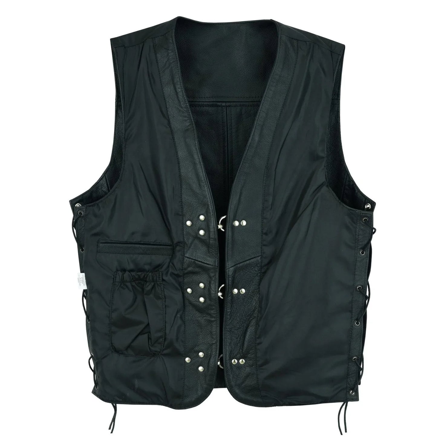 plain mens leather waistcoat motorcycle biker vest black with hooks -