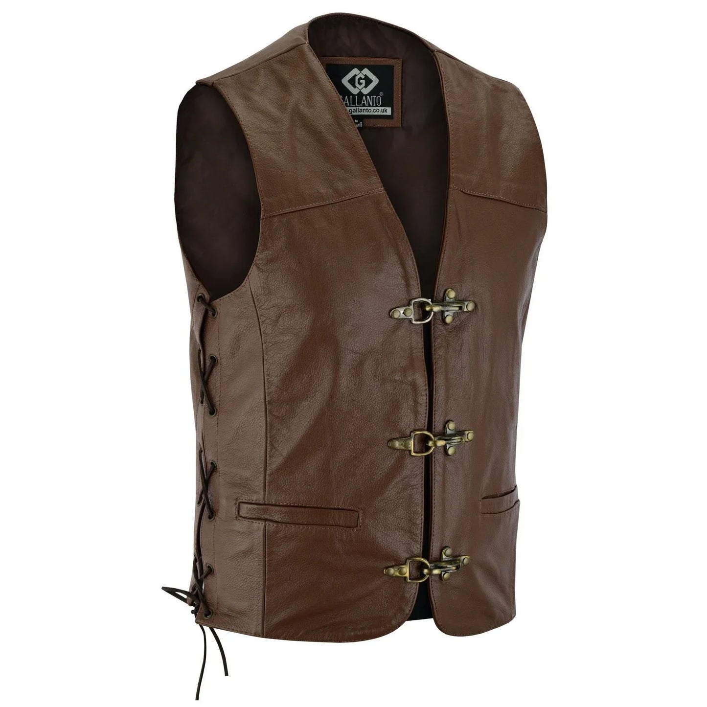 plain mens leather waistcoat motorcycle biker vest black with hooks -