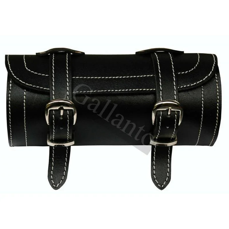 plain motorcycle biker leather tool rool bag white stitches -