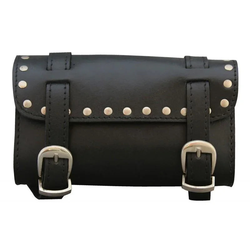 plain studded black small rectangle sissy bar leather tool bag -