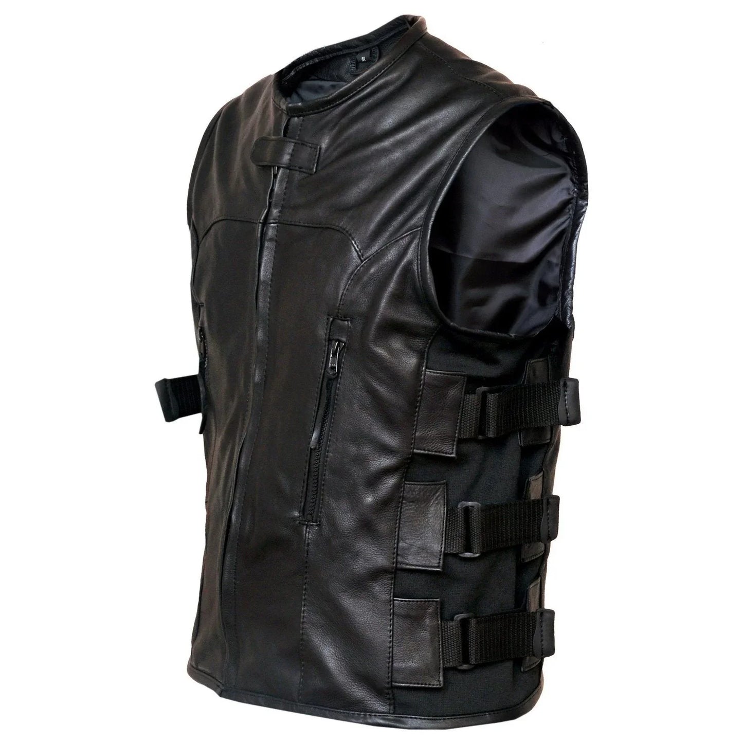premium cowhide swat leather motorcycle vest adjustable fit -