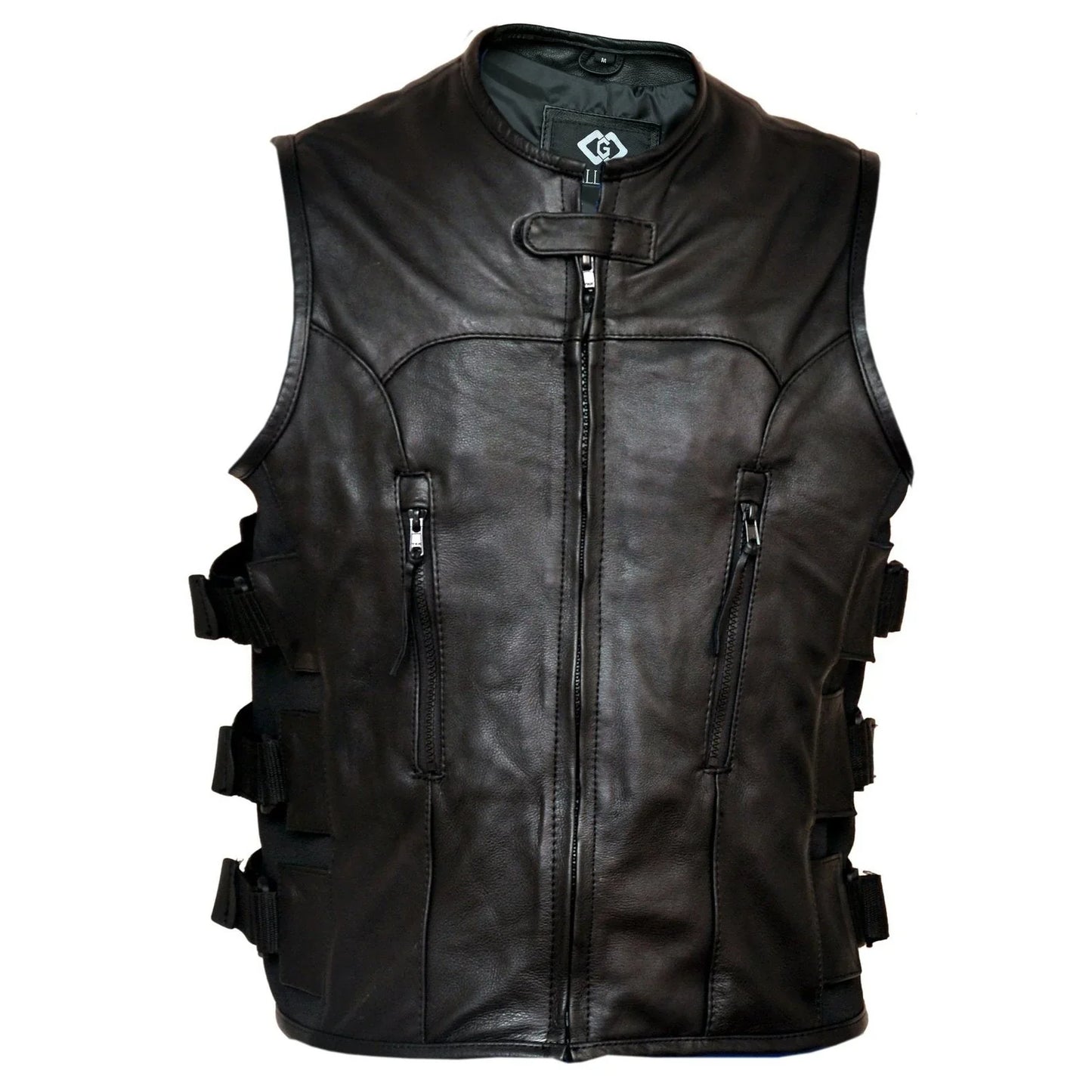 premium cowhide swat leather motorcycle vest adjustable fit -