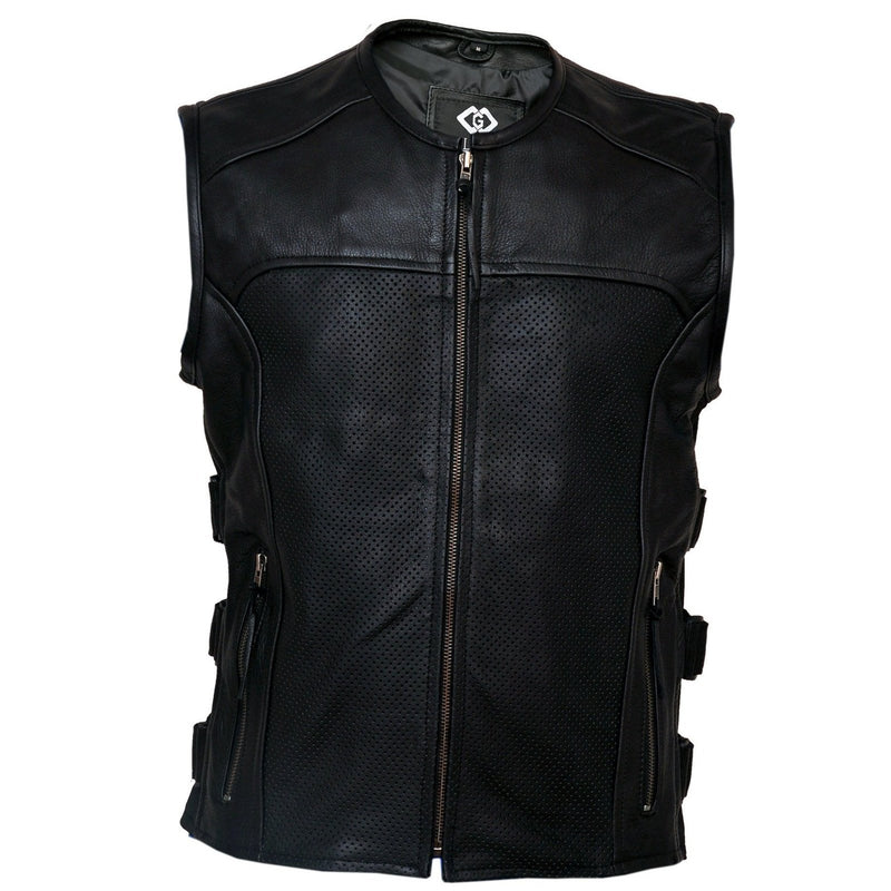 Premium Perforated Leather Motorcycle SWAT Vest -