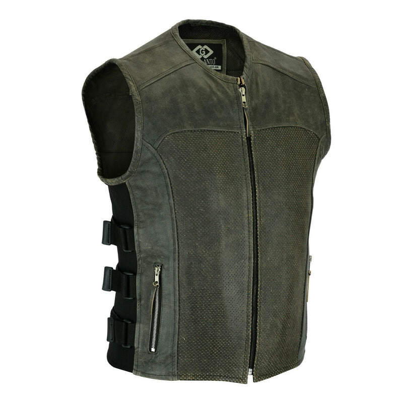 Premium Perforated Stonewash Distressed Leather Motorcycle Biker Vest Waistcoat -