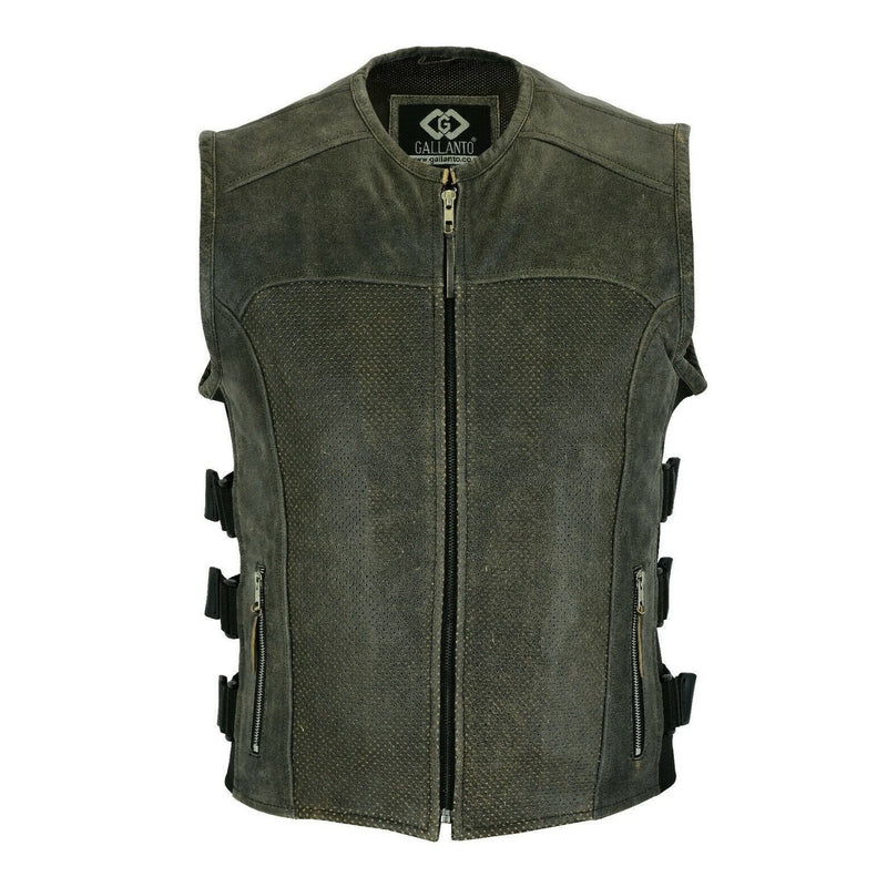 Premium Perforated Stonewash Distressed Leather Motorcycle Biker Vest Waistcoat -