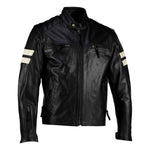 Roma Black Distressed Creme Stripes Cruiser Biker Leather Jacket -