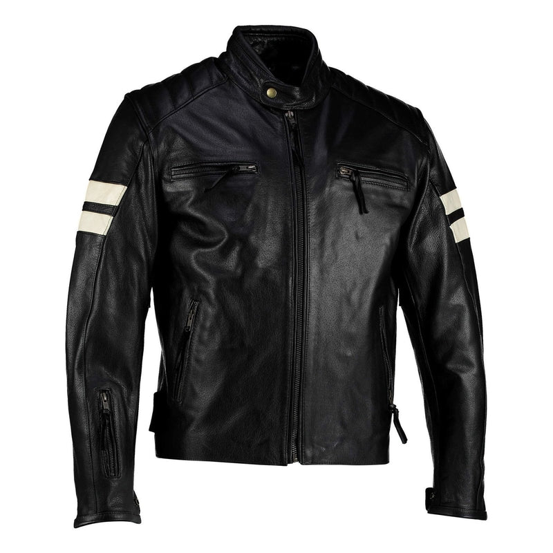 Roma Black Distressed Creme Stripes Cruiser Biker Leather Jacket -
