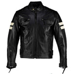 Roma Black Distressed Creme Stripes Cruiser Biker Leather Jacket -