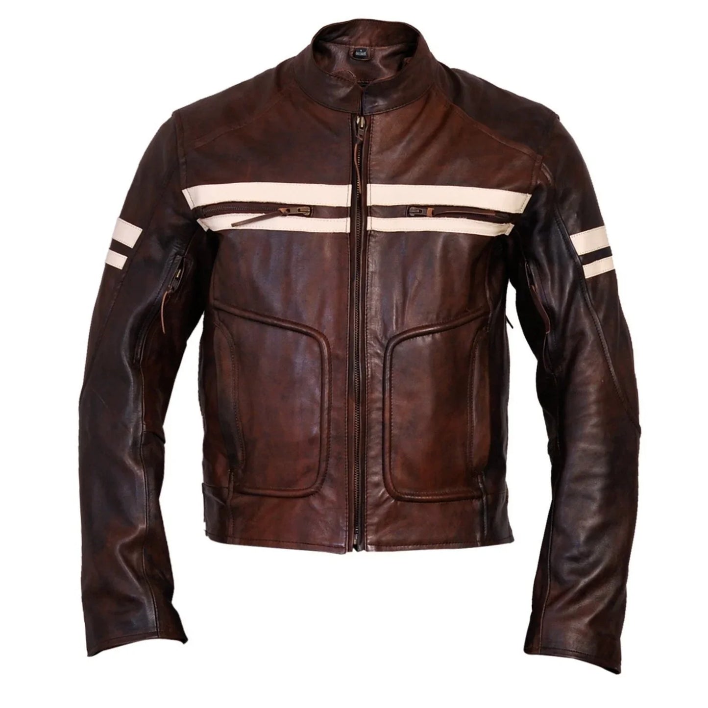 roma brown distressed cruiser creme stripes biker leather jacket -