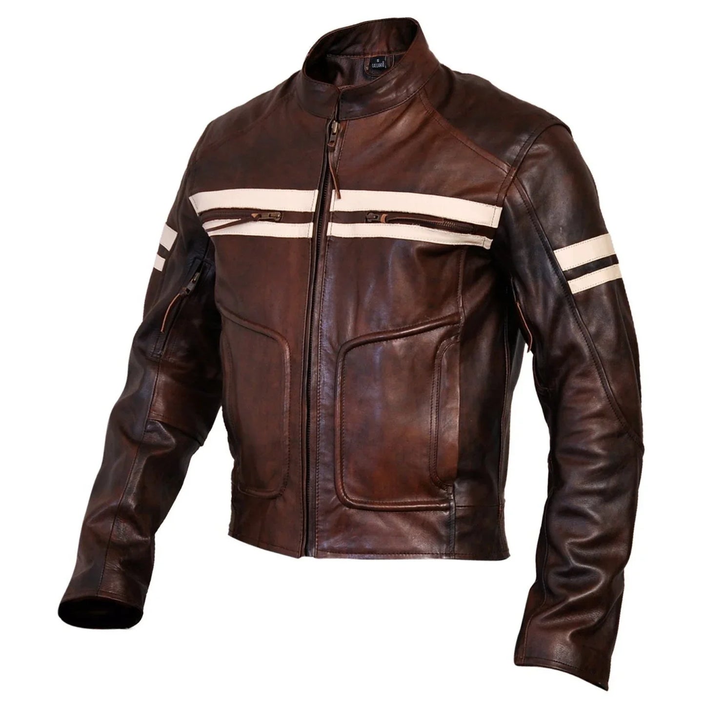 roma brown distressed cruiser creme stripes biker leather jacket -