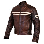 Roma Brown Distressed Cruiser Creme Stripes Biker Leather Jacket -
