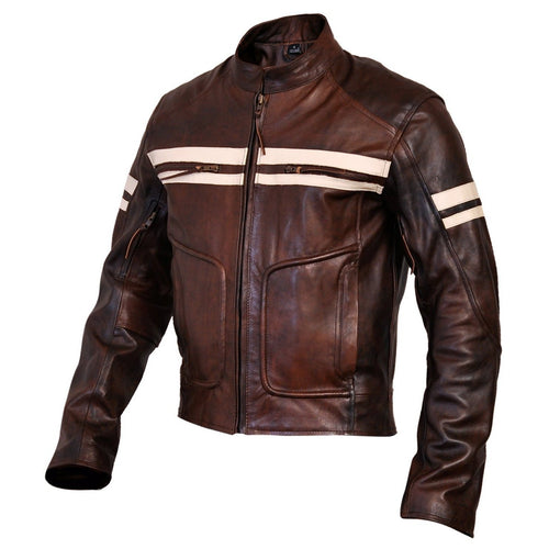 Roma Brown Distressed Cruiser Creme Stripes Biker Leather Jacket -