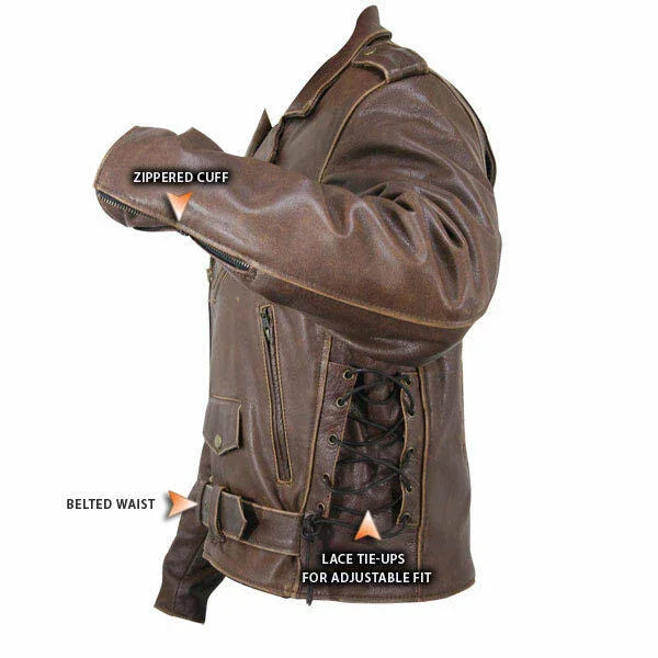 brown distressed leather motorcycle armoured jacket with embossed flying skull
