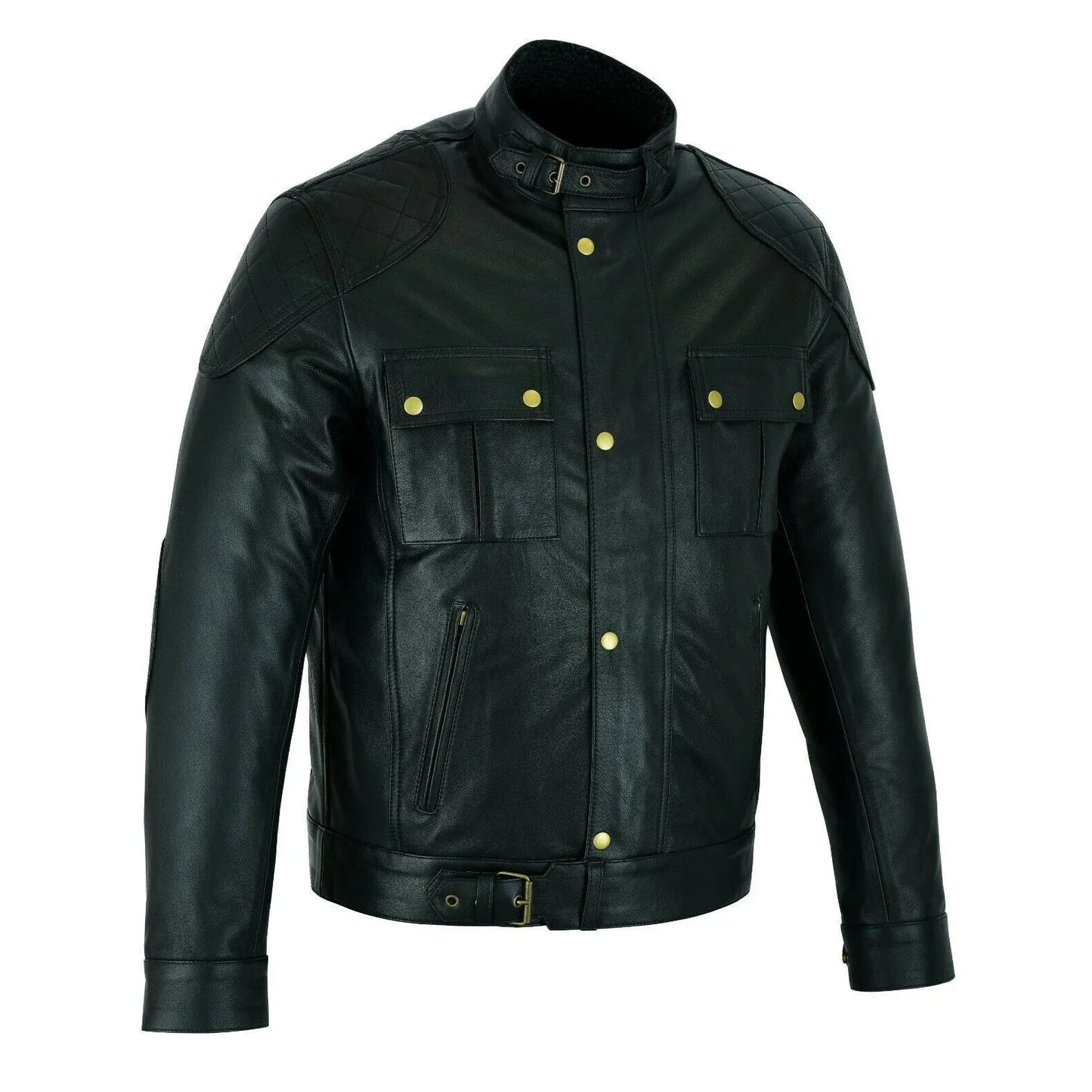 mens soft cowhide fashion leather jacket biker style with fur & armour pockets