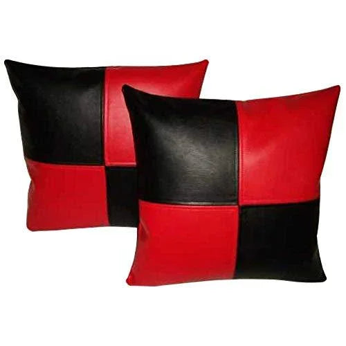 set of 2 black & red check leather cushion covers -