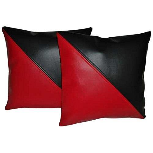 set of 2 black & red diagonal leather cushion covers -