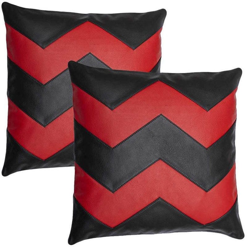 Set of 2 Black & Red Zig Zag Leather Cushion Covers -