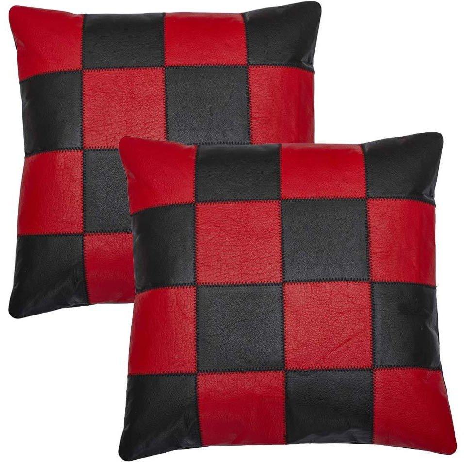 set of black & red chequered leather cushion covers -