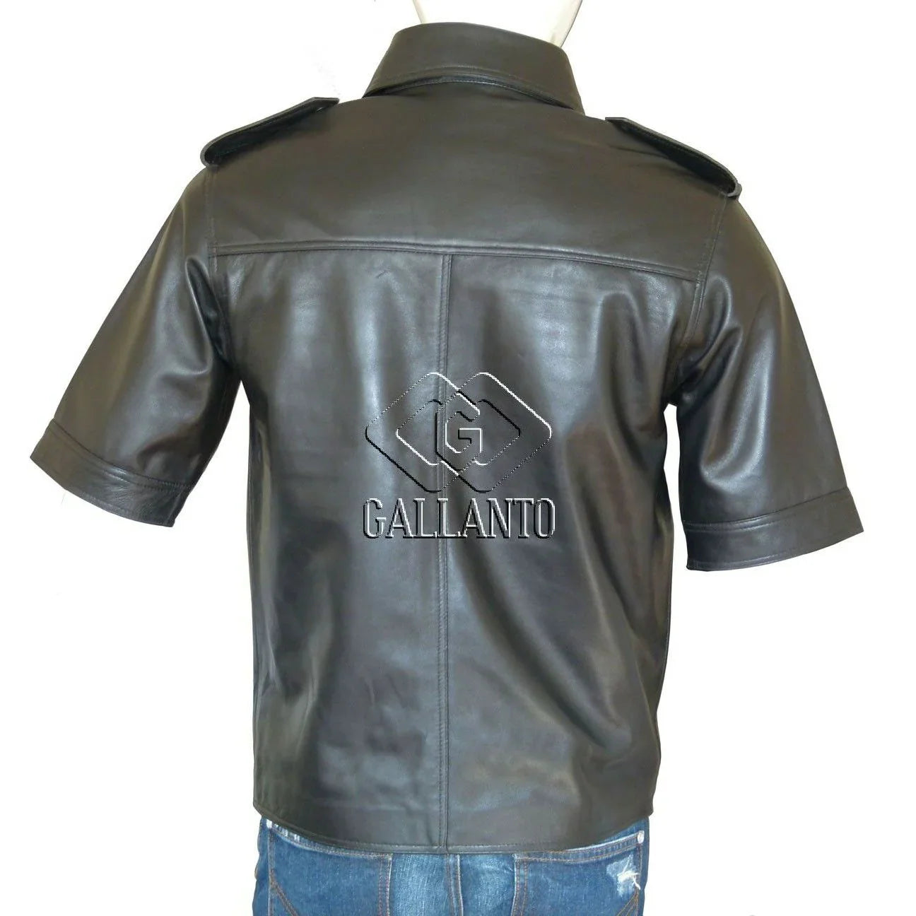 short half sleeve biker motorcyle black leather shirt -