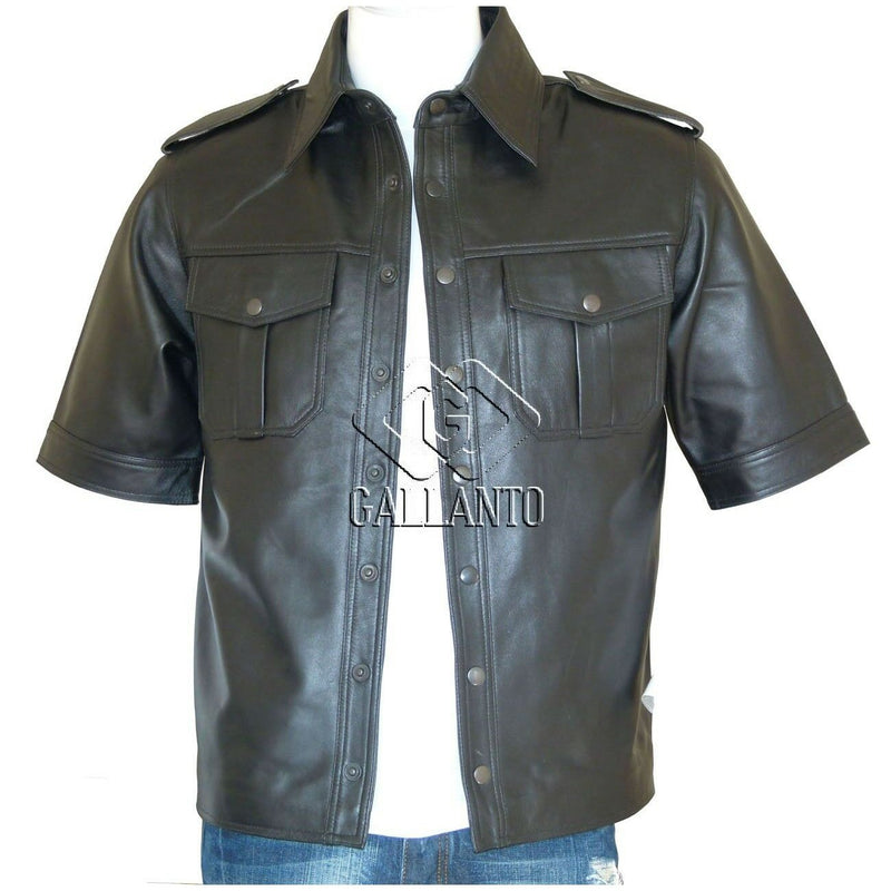 Short Half Sleeve Biker Motorcyle Black Leather Shirt -