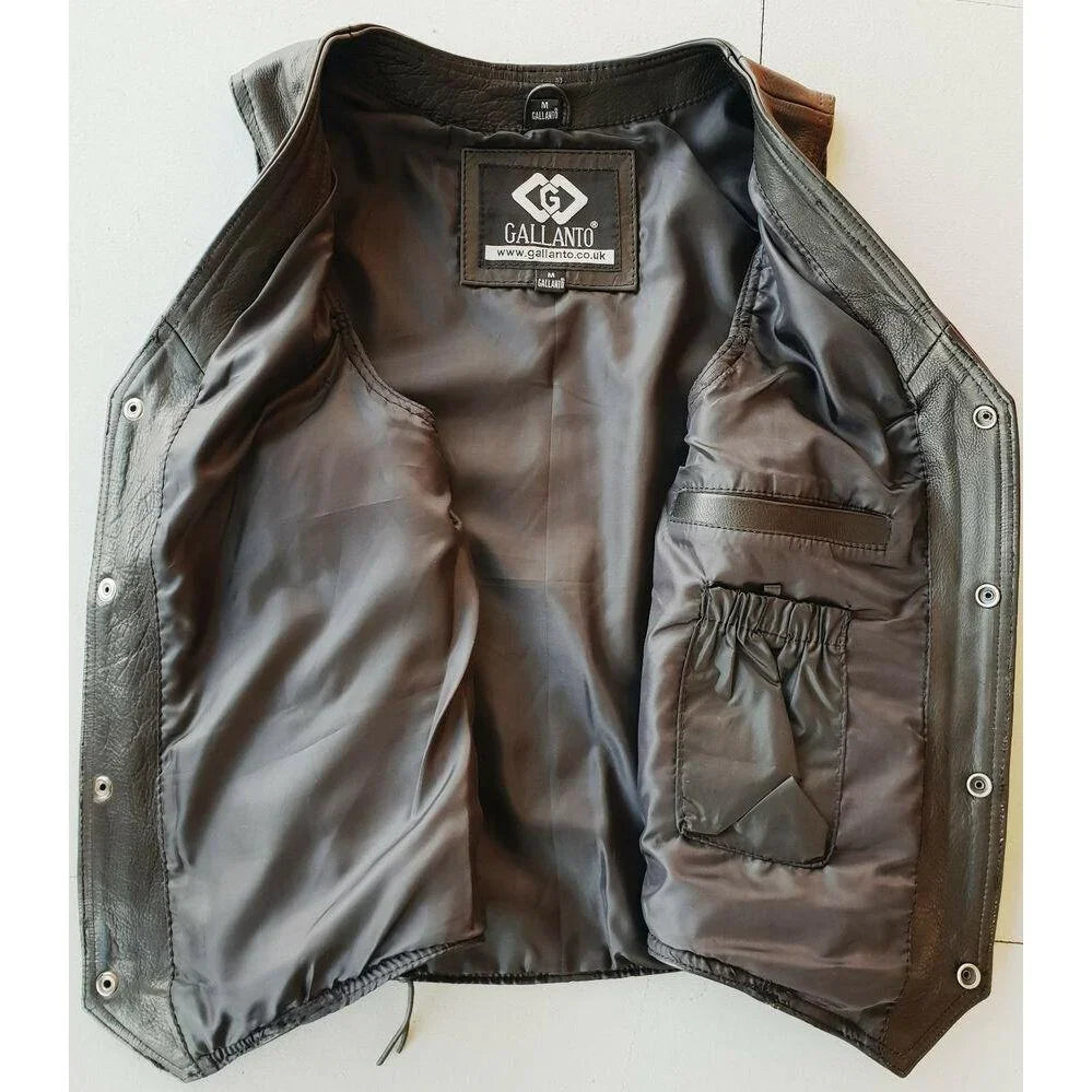 side lace classic mens motorcycle leather black vest waistcoat -
