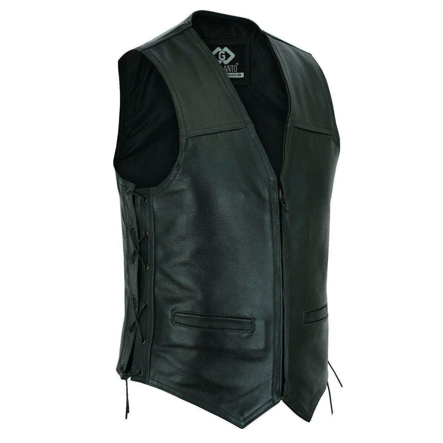 side lace classic mens motorcycle leather vest waistcoat with zip in cowhide -