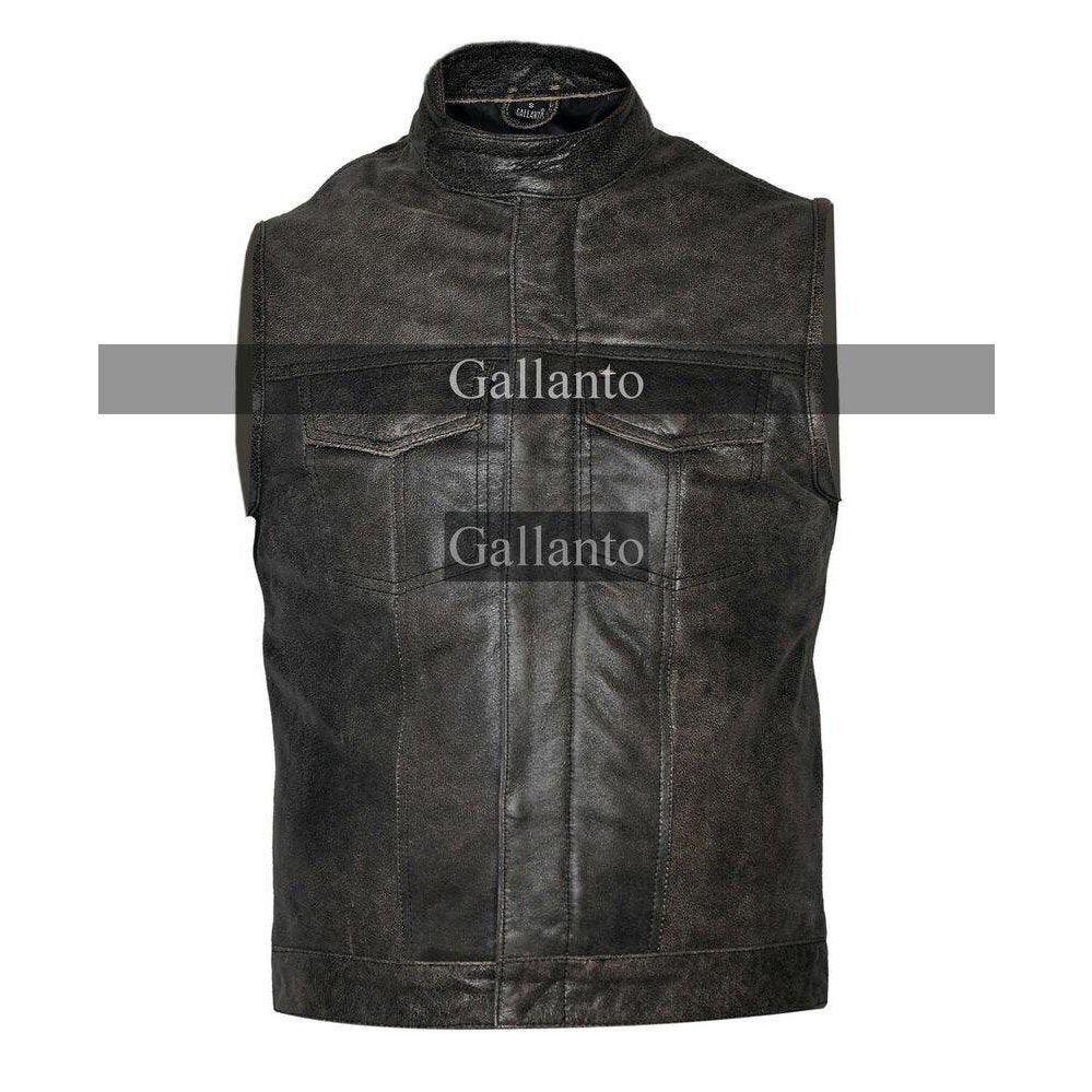 stonewash cut off cowhide leather mens vest waistcoat -