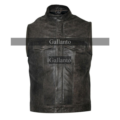 Stonewash Cut off Cowhide Leather Mens Vest Waistcoat -
