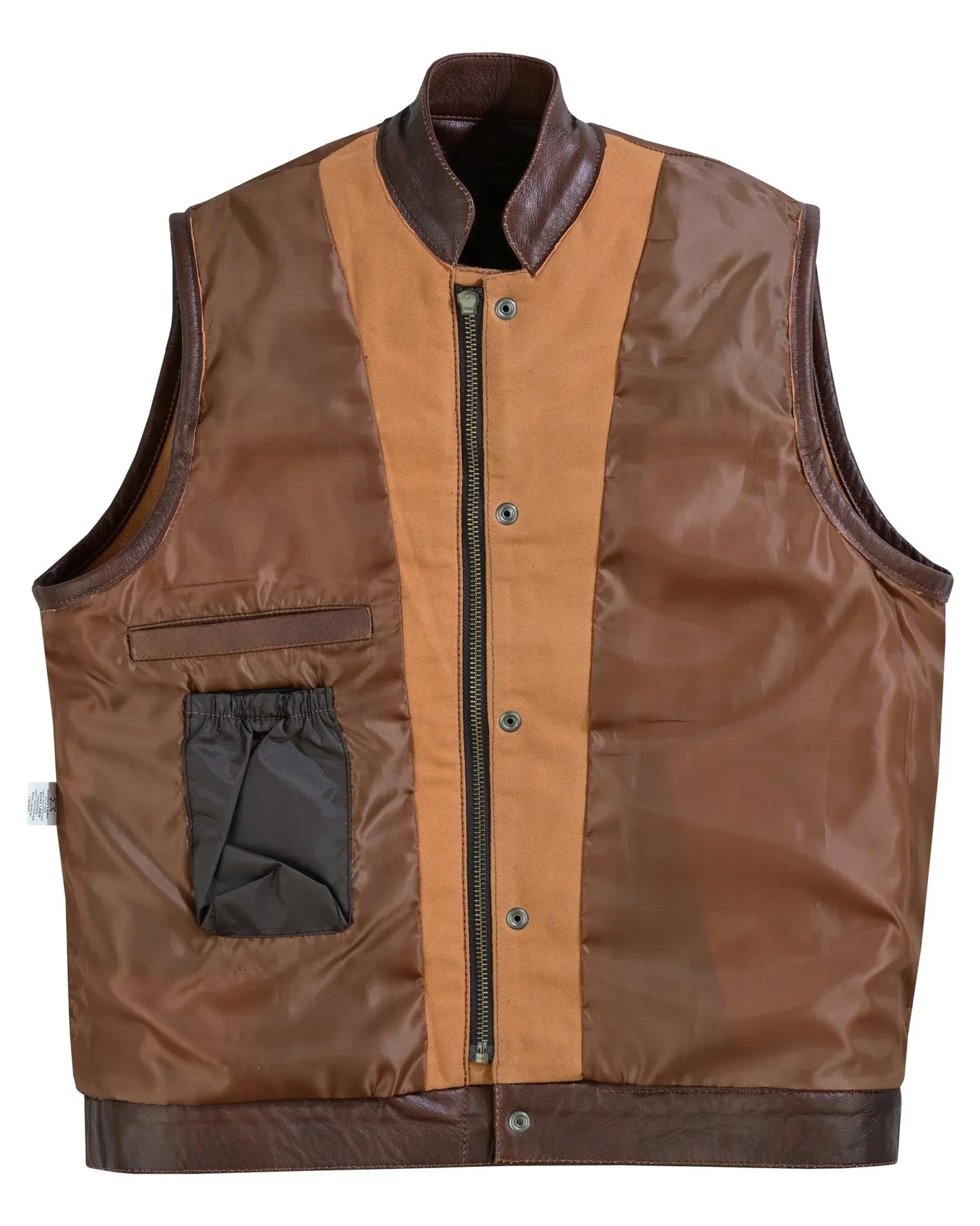 tan brown leather and denim combo biker diamond gilet -