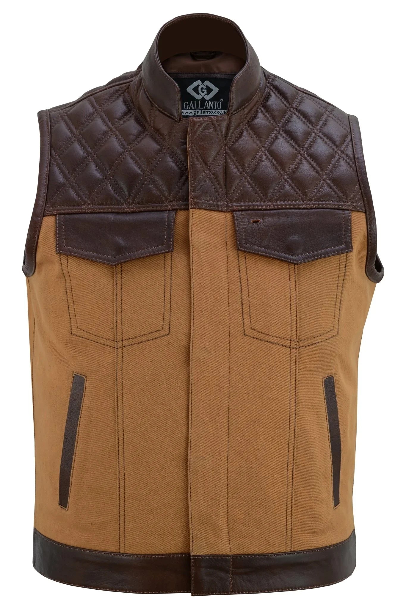 tan brown leather and denim combo biker diamond gilet -