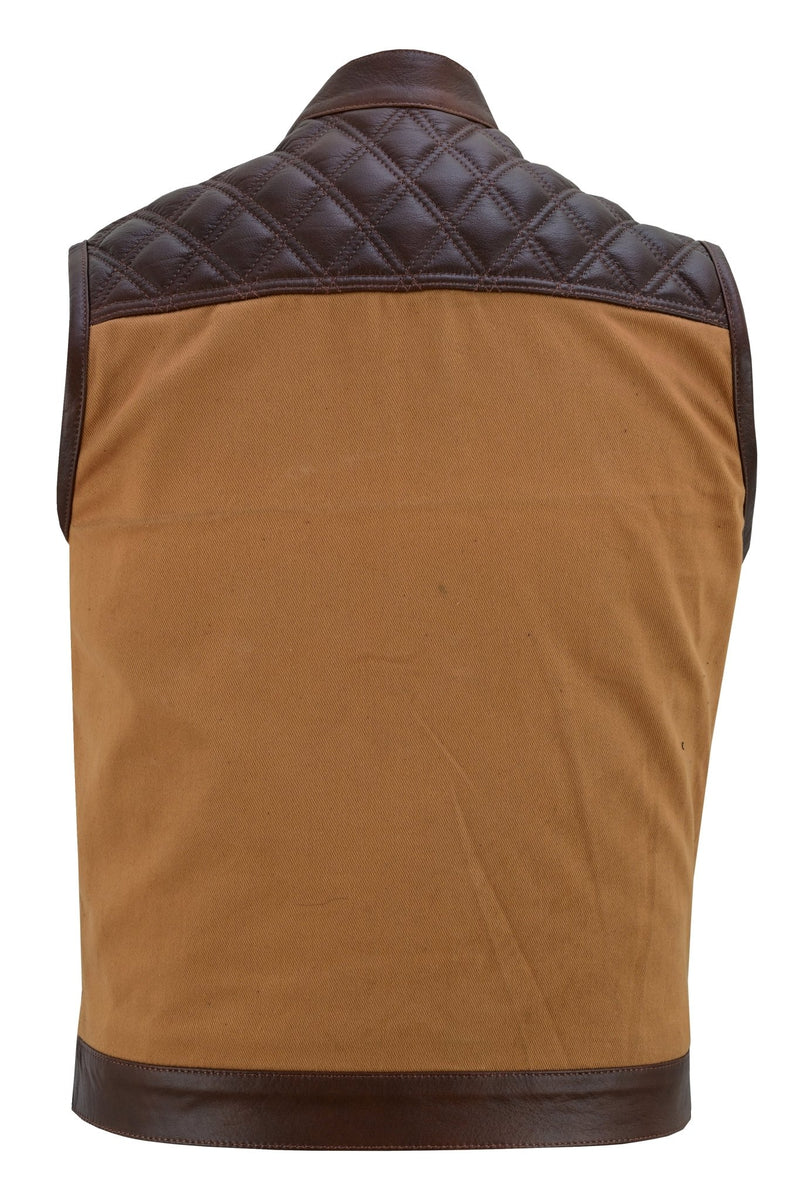 Tan Brown Leather and Denim Combo Biker Diamond Gilet -