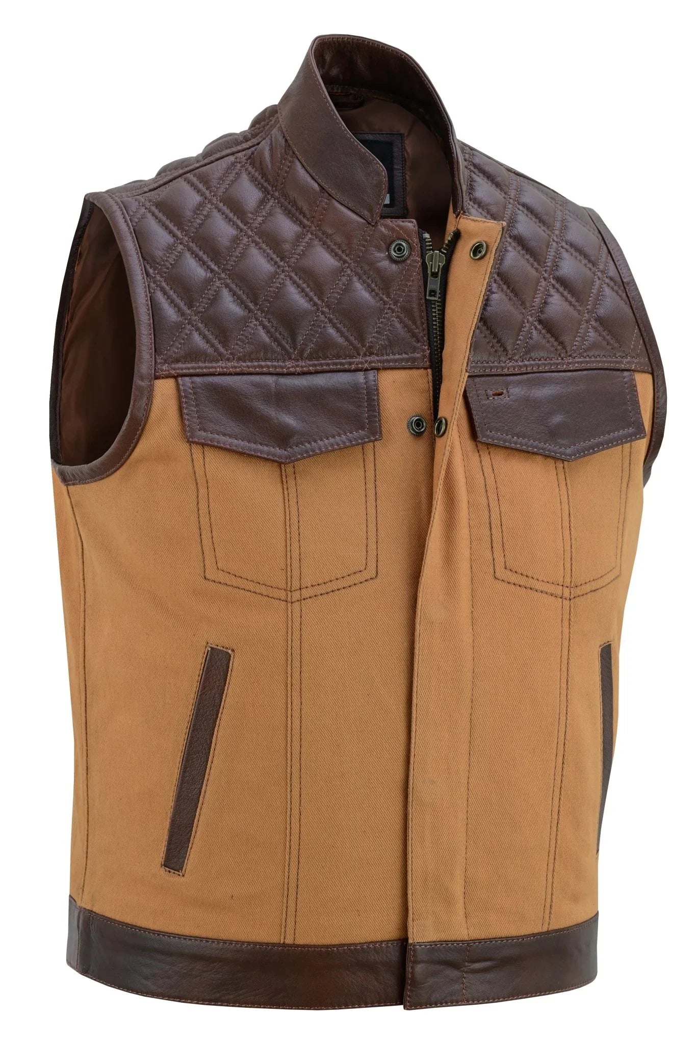 tan brown leather and denim combo biker diamond gilet -