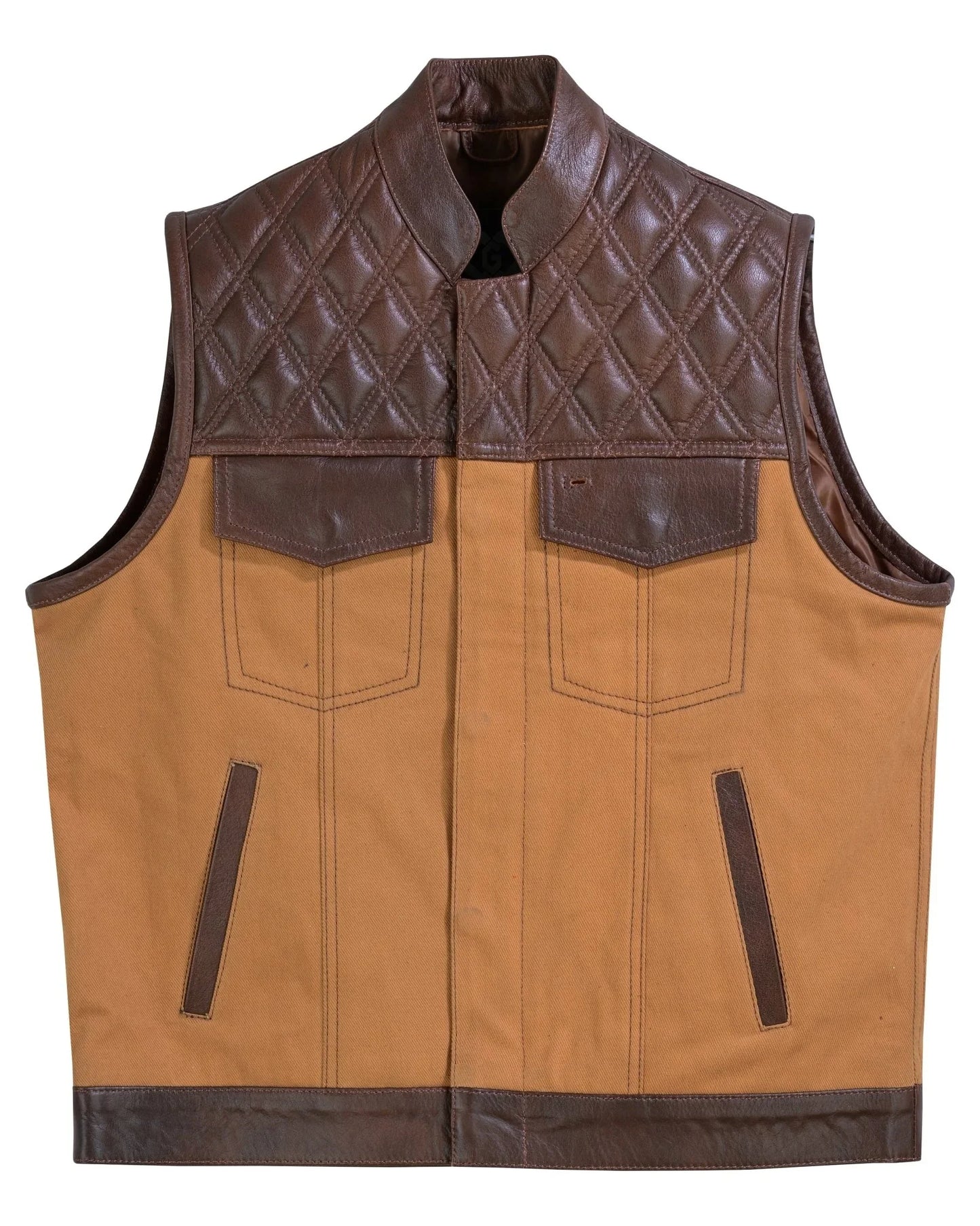 tan brown leather and denim combo biker diamond gilet -