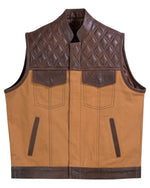 Tan Brown Leather and Denim Combo Biker Diamond Gilet -