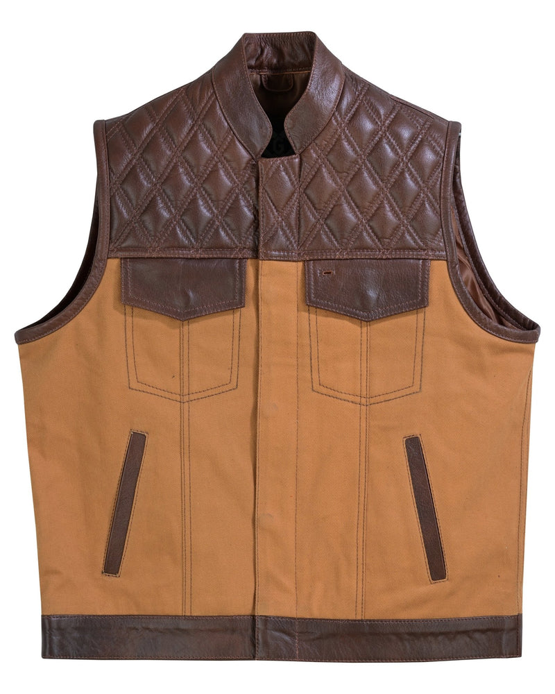 Tan Brown Leather and Denim Combo Biker Diamond Gilet -