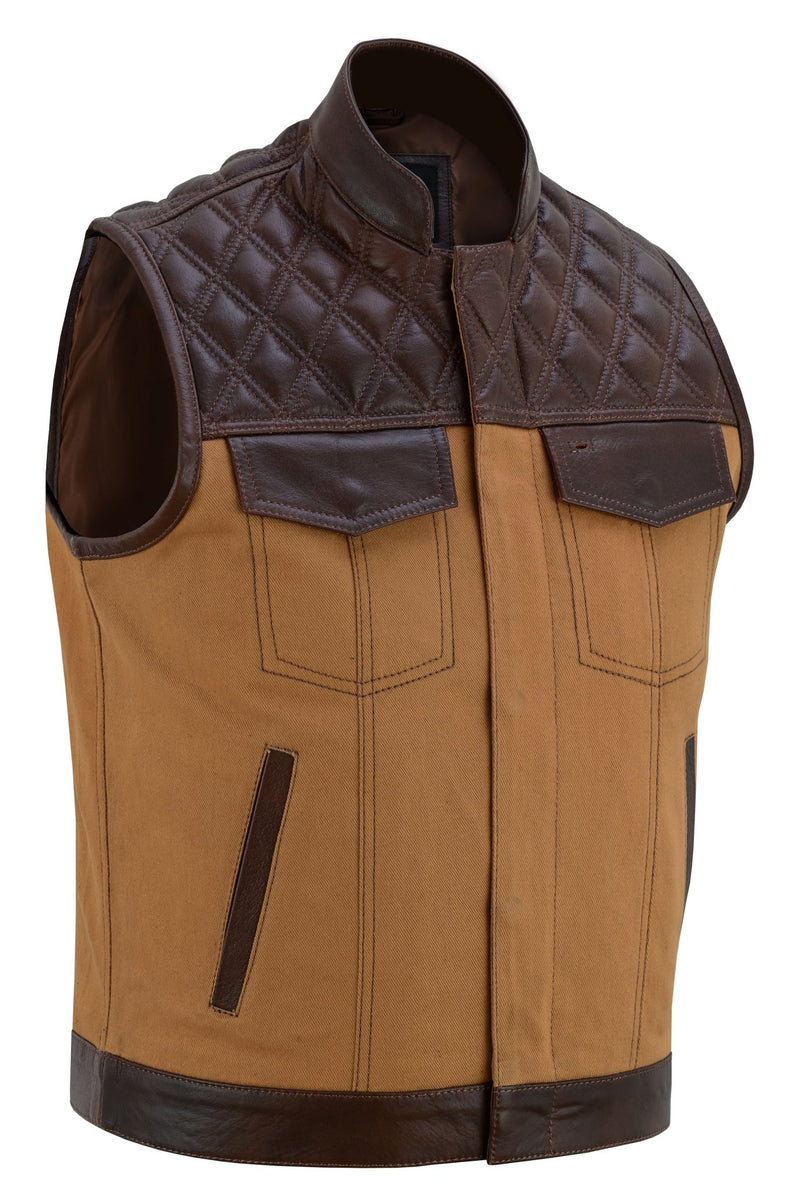 Tan Brown Leather and Denim Combo Biker Diamond Gilet -