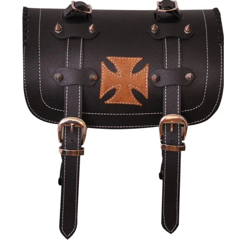 tan iron cross gothic biker leather tool roll bag -