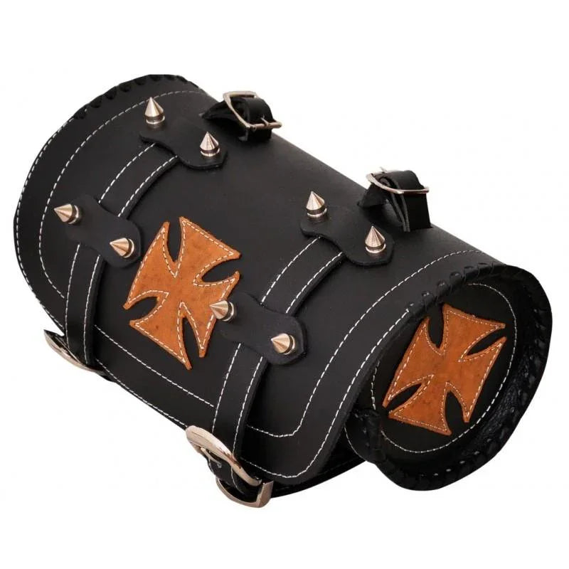 tan iron cross gothic biker leather tool roll bag -