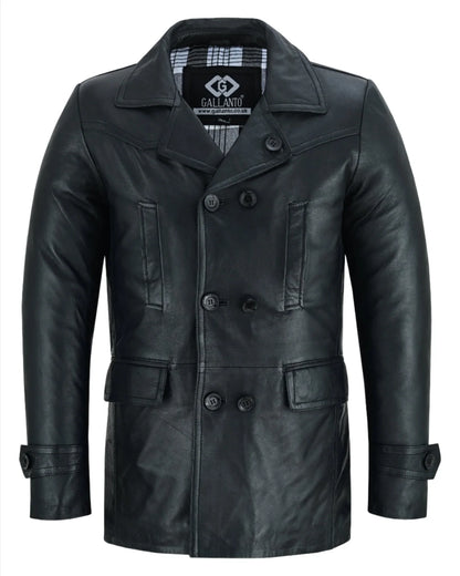 Vintage Black Men's Leather Jacket - Double Breasted Dr. Who Kriegsmarine Style -
