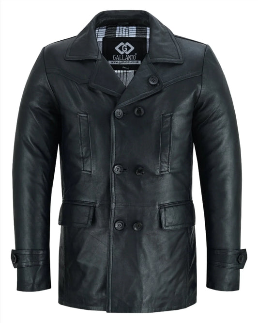 Vintage Black Men's Leather Jacket - Double Breasted Dr. Who Kriegsmarine Style -