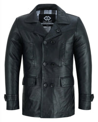 Vintage Black Men's Leather Jacket - Double Breasted Dr. Who Kriegsmarine Style -