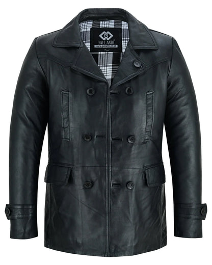 Vintage Black Men's Leather Jacket - Double Breasted Dr. Who Kriegsmarine Style -