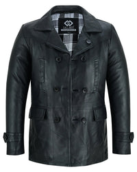 Vintage Black Men's Leather Jacket - Double Breasted Dr. Who Kriegsmarine Style -