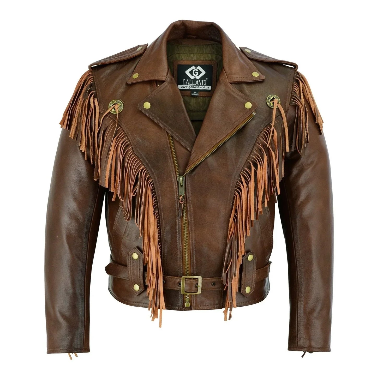 vintage brown biker fringe leather jacket - tassle concho premium motorcycle -
