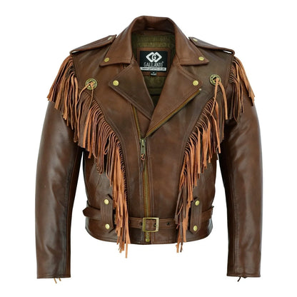 Vintage Brown Biker Fringe Leather Jacket - Tassle Concho Premium Motorcycle -