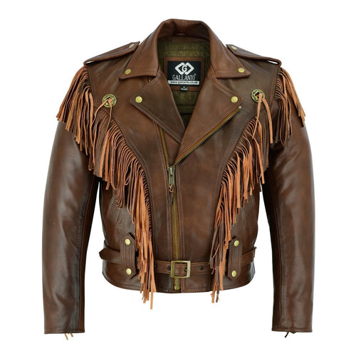 Vintage Brown Biker Fringe Leather Jacket - Tassle Concho Premium Motorcycle -